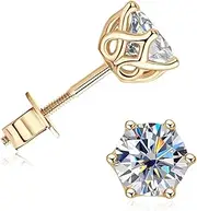 [RAPRGOLD] Moissanite Stud Earrings 10K Real Yellow Gold Earrings for Men Women, Round Cut 5mm/6.5mm 1CT/2CT Lab Created Solitaire Moissanite Earring in Solid Gold with Screw Back, 6 Prong, Jewelry Gifts