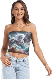 [RPLIFE] Cute Unicorn Constellation Nebula Women Tube Top Women Strapless Top, Sheer Tube Tops, Trendy Crop Tops (S)