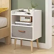 Ufurniture Bedside Table Fabric Drawer Wooden Bed Side Table,Tallboy Nightstand Chest of Drawers with Shelf, Home Storage Cabniet Furniture for Bedroom Living Room White