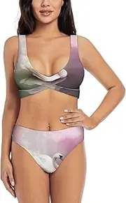 [EdWal] White Swan Print Bikini Set for Women Halter Strapless Ruched Color Block Trim Swimsuit 2 Piece for Women