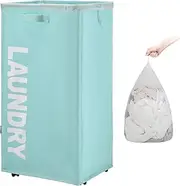TOTANKI 29" X-Large Rolling Laundry Basket on Wheels with Removable Bag, Foldable Laundry Hamper with Handle, Collapsible Laundry Sorter and Organizer, Tall Storage Basket Bin (Light Blue)