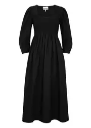 Ganni Smocked Cotton-poplin Midi Dress - Black - 36 (UK8 / S) 36 (UK8 / S)