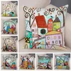 Vintage Color Cities Cushion Cover Decor Colorful Cartoon House Pillow Case Tree