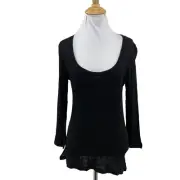 Sanctuary Ribbed Knit Top Womens S Small Black Low Scoop Neck Split Sides Shirt