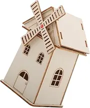 COSMEVIVI Vintage Style Wooden Windmill House Prop Unfinished Solar Power Toy Educational Model for Kids