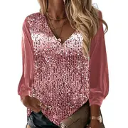 Lady Top V-neck Dressing Up Breathable Stylish Women Sequins Spring Tee Shirt Daily Clothing pink 3XL