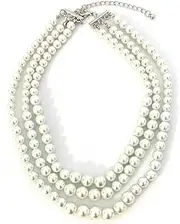 [Caprilite] Womens Faux Pearl 3 Layer Multi Strand Gatsby Necklace Statement Bib Bead