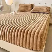 Fitted Sheet Deep Pocket Soft and Warm Velvet Bed Sheets with Pillowcases 3 Piece Set Breathable Bedding Bottom Sheet Fit Easy Care-Brown||180x200cm