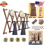 Expandable Accordion Wall Hanger - 20 Peg Wooden Hook Rack for Hats & Coats