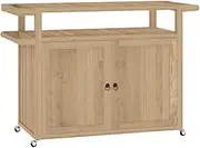 vidaXL Solid Teak Wood Bar Cart - Ample Storage Space, Convenient Castor Wheels, Sturdy Frame, Easy Assembly, Kitchen Trolley with 2 Shelves and Compartments