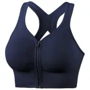 Women Sports Bra Front Zipper Closure Underwear Shockproof Sportswear For Running Fitness Navy Blue L