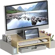 SimpleHouseware Monitor Stand Riser with Drawer and 2 Side Desk Organiser, Oak