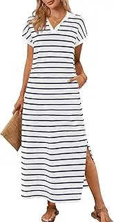 [MEROKEETY] Women's Summer Striped Short Sleeve Dress V Neck Collared Side Slit Casual Beach Maxi Dresses