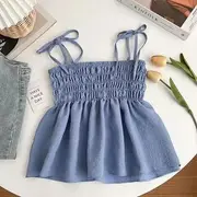 Tie Shoulder Plain Shirred Peplum Camisole Top Blue - One Size