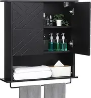 [GAOMON] Medicine Cabinet with Two Door, Wood Wall Mounted Bathroom Storage Cabinet with Adjustable Shelf and Towel Bar, 2-Tier Cabinet for Bathroom Living Room Laundry Room Kitchen, Black