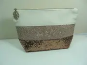 NEW Clarins Paris Ivory Copper Sparkle Glitter Standing Zip Cosmetic Makeup Bag
