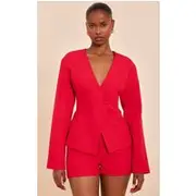 Tomato Red Tailored Cinched Waist Asymmetric Blazer, Tomato Red