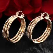 LADY 18K ROSE GOLD FILLED TRINITY RINGS BANDS HAMMERED CHUNKY BOHO HOOP EARRINGS