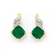 9ct Gold, Created Emerald & Diamond Swirl Stud Earrings in Green