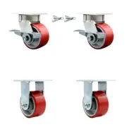 4 Inch KP Red Poly on Cast Iron Caster Set with 2 Brakes/Swivel Locks 2 Rigid
