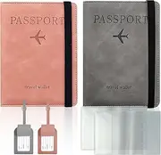 [lafo] 2 Passport Holder 2 Luggage Tags 2 Frosted Passport Holders with RFID Blocking Faux Leather Passport Cover for Passport Boarding Pass SIM Card ID Credit Cards Travel Documents Pink/Grey, Grey and