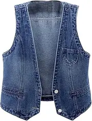 [Jegsnoe] Women Denim Vest Spring Summer Streetwear Fashion V-Neck Waistcoat Jean Sleeveless Jacket