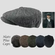 New Men's Fashion Peaky Blinders Hat Men's Newsboy Cap Wool Blend Herringbone Tweed Winter Hat Warm- Dark grey