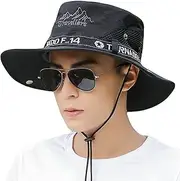 [CLSQLXYJZC] Outdoor Men's Sun Hat, Summer Sunscreen Shade Adjustable Chin Strap Quick Drying Big Brim Fisherman Hat, for Fishing Breathable Mesh Safari Boonie Bush Hat (Color : Black)