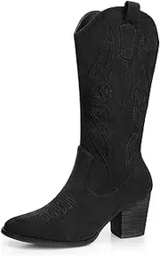 [SHIBEVER] Cowboy Boots for Women Embroidered Western Cowgirl Mid Calf Boots Chunky Heeled Round Toe Zipper Boot