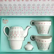 New Pinky Up Teapot & 2 Teacups Stackable White Blue Coral Red Gold Tile Design