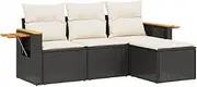 vidaXL 4-Piece Modular Garden Sofa Set - Black Poly Rattan with Cushions, Acacia Wood Frame, Outdoor Patio Seating