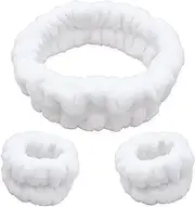 [FROG SAC] Puffy Spa Headband and Wristbands for Face Washing, Fuzzy Skincare Headbands for Women, Soft Makeup Skin Care Hair Accessories for Girls, Bubble Make Up Sleepover Party Supplies (White)