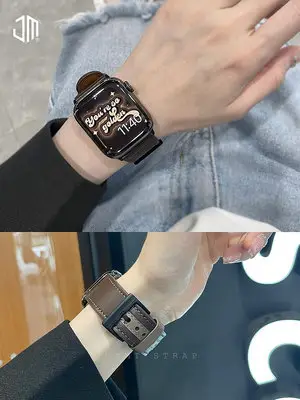 JUNMI圓尾拼色真皮款蘋果手表iwatchs987表帶apple watch654321se代Ultra2創意復古男女