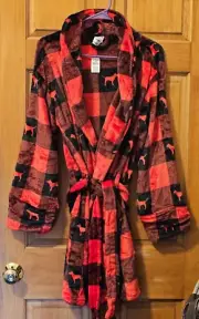 Victoria Secret Robe Womans Medium/Large Dog Pattern Buffalo Plaid NEW Fleece