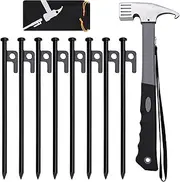 LFSEMINI 4/8/16pcs Tent Stakes and Hammer Set, 8/10/12/16in Heavy Duty Forged Steel Tent Stakes + Camping Hammer + Storage Pouch, Available in Rocky Place(8pcs 10in Stakes and Hammer)