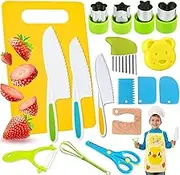 Kids Kitchen Knives Set, Kids Knife Set with Cutting Board, Plastic Toddler Safe Knives, /Crinkle Cutter/Y-Peeler/Sleeves Covers/3 Cutter Shapes/1 Apron for Kids Cooking