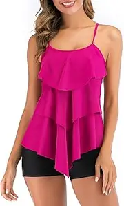 [FLYILY] Women 2 Piece Tankini Swimsuits Flounce Printed Top with Boyshorts Plus Size Swimwear Bathing Suit