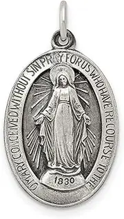 [JewelryWeb] 925 Sterling Silver Solid Satin Artisan Oxidized Not engraveable Antiqued Miraculous Medal Pendant Necklace 25x13mm Wide-Pendant for Women