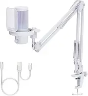 FEELWORLD VM1 White Gaming PC USB Microphone Condenser Mic with Boom Arm Noise Cancellation RGB Light Mute, Computer Accessories for Gamer YouTube Twitch Podcast Streaming Recording Chat PS4 PS5