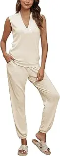 [Famulily] Summer Ribbed Clothes Sets for Women V Neck Side Split Vest Tops and Jogging Bottoms with Pockets, 2 Piece Outfits Tracksuits Loungewear Sleepwear