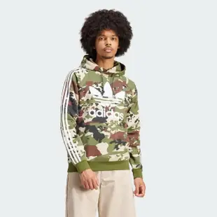 【adidas 愛迪達】上衣 男款 長袖上衣 帽T 運動 三葉草 CAMO HOODIE 綠 IS0209