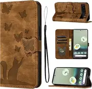 LSPCASA Flip Case for Google Pixel 6A 6.1 Inch PU Leather Material Google Pixel 6A Mobile Phone Case with Card Slots Cats Butterfly Pattern Google Pixel 6A Case Brown