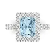 3.90 ct Emerald Cut Halo Blue Promise Bridal Wedding Ring 14k White Solid Gold