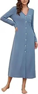 [Generic] Women Button Down Nightgown Soft Waffle Long Sleeve Night Gwon V-Neck Sleepwear Pajama Dress with Pockets