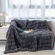 [BDZBREN] Luxury Faux Rabbit Fur Bubble Blanket Throw, Soft Cozy Fleece Blanket for Sofa Bed Couch, Microfiber Plush Fuzzy Flannel Decorative Throw Blanket (Grey, 51"*62")