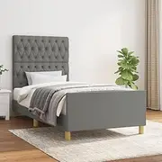 Bed Frame King Single Size 107x203 cm, Upholstered Platform Bedframe with Headboard, Dark Grey Fabric, Wooden Slats, No Box Spring Needed, Queen, Wood Base