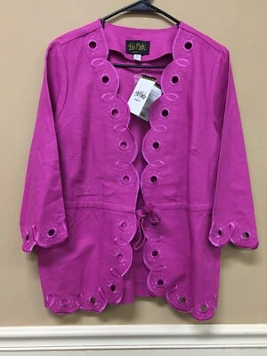 BOB MACKIE Cotton Scalloped Eyelet Pink Jacket Cardigan Tie Front Size M NWT