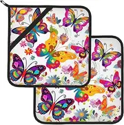 2 Pack Pot Holders for Kitchen Heat Resistant Potholders Colorful Butterflies and Flowers Pot Holders Set Washable Hot Pads with Loop Non Slip Potholders for Cooking Baking BBQ Microwave 8 x 8 Inch