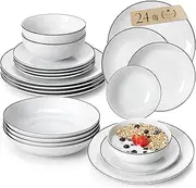 [MALACASA] 24-Piece Gourmet Porcelain Dinnerware Sets, Modern White with Black Rim Round Dish Set for 6 - Premium Serving Plates and Bowls Sets for Dessert, Salad, Soup, Pasta - Series AMELIA