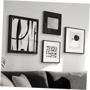 Framed Black and White Modern Abstract Set of 4 Wall Art, Large Minimalist